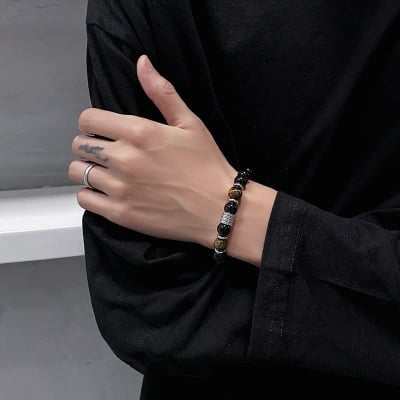 Picture of Tiger Eye Stone Charm Stainless Steel Accessories Chain Bracelets for Men - Black