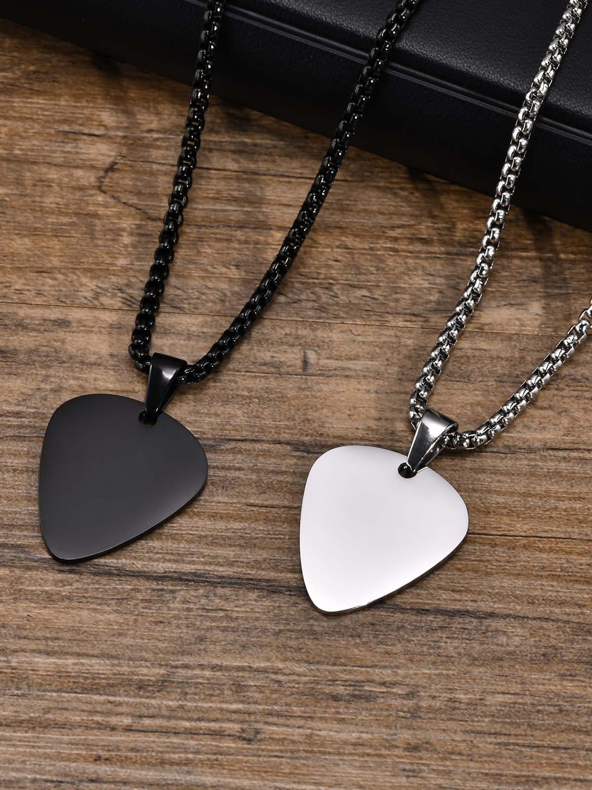 Picture of Guitar Pick Chain for Men Boys, Stainless Steel Guitar Picks Pendant Collar to Music-lovers Gifts Jewelry - Black