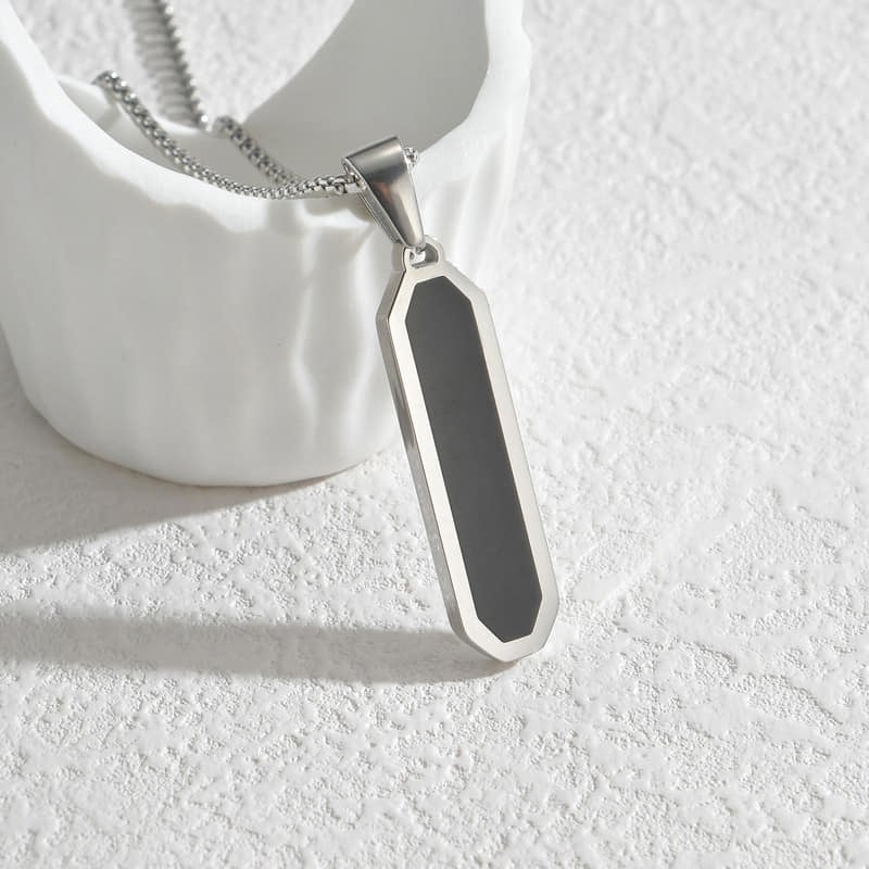 Picture of Black Enamel Bar Pendant Necklace - Men's Jewelry - Silver