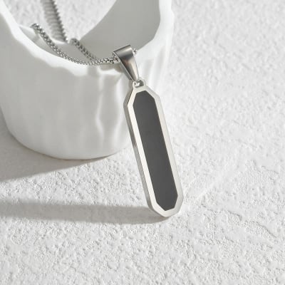 Picture of Black Enamel Bar Pendant Necklace - Men's Jewelry - Silver