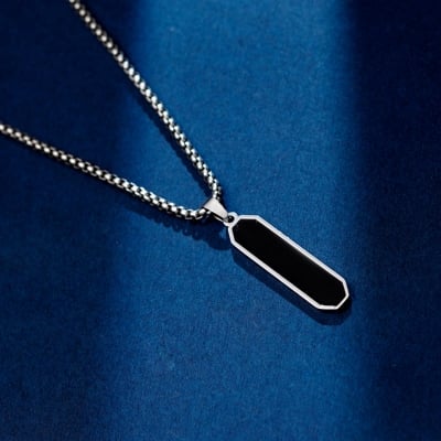 Picture of Black Enamel Bar Pendant Necklace - Men's Jewelry - Silver