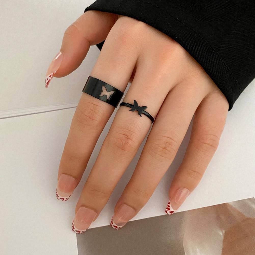 Picture of LOVE King & Queen Couple Ring Set In Titanium Hart Finger Ring Heart/ Attrtive Couple Open Rings - Black