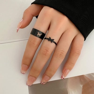 Picture of LOVE King & Queen Couple Ring Set In Titanium Hart Finger Ring Heart/ Attrtive Couple Open Rings - Black
