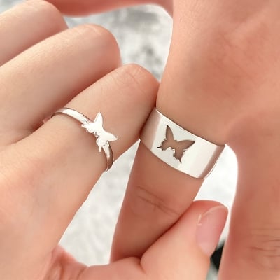 Picture of Butterfly Heart Rings for Women Men Lover Couple Ring Set - Silver