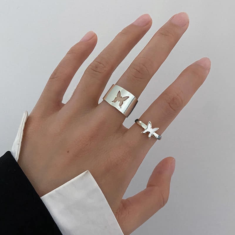 Picture of Butterfly Heart Rings for Women Men Lover Couple Ring Set - Silver