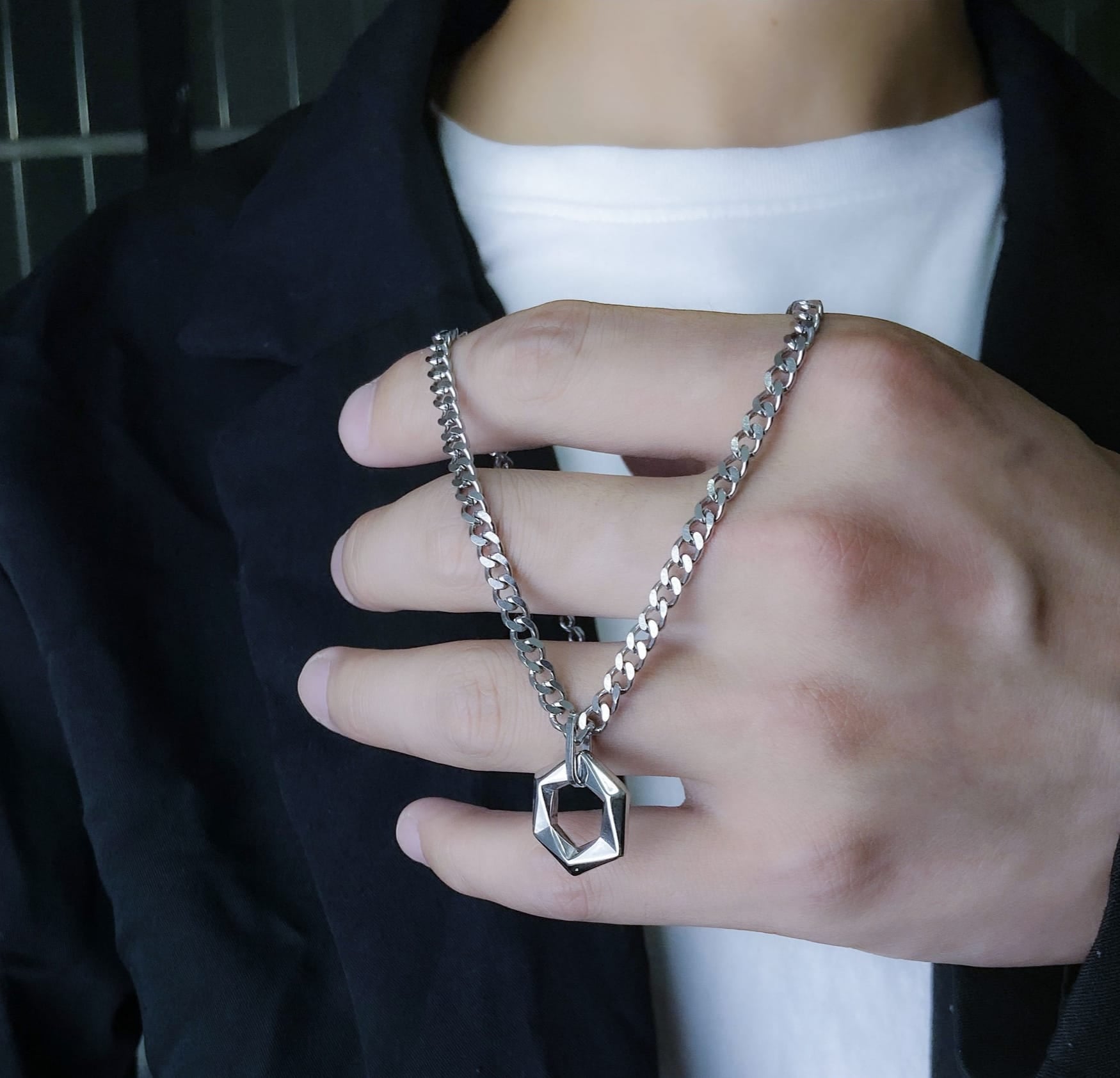 Picture of New Hexagon Pendant Necklace Stainless Steel Chain Necklace For Men - Silver