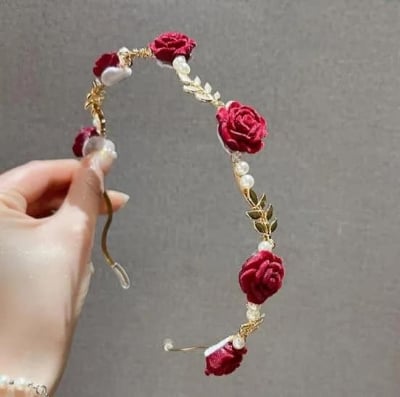 Picture of New Korean Crystal Flower Pearl Headband  Sweet Fashion Girl Thin Hair Band Hair Accessories - Red