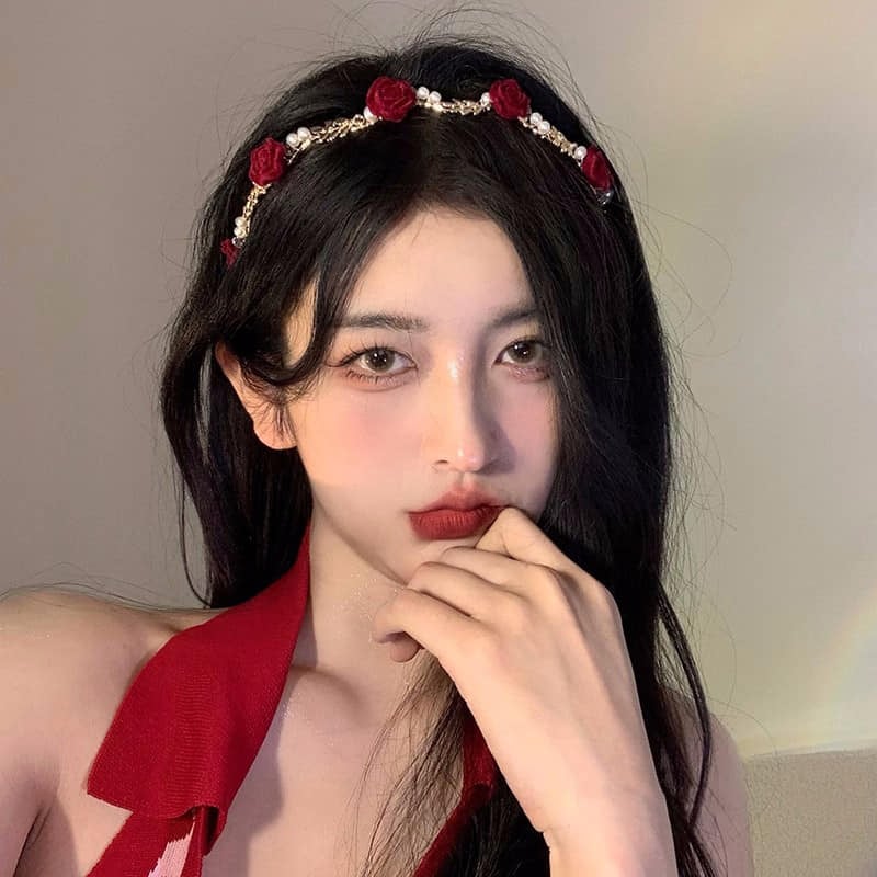 Picture of New Korean Crystal Flower Pearl Headband  Sweet Fashion Girl Thin Hair Band Hair Accessories - Red