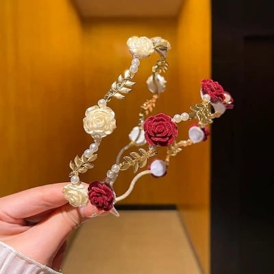 Picture of New Korean Crystal Flower Pearl Headband  Sweet Fashion Girl Thin Hair Band Hair Accessories - Red