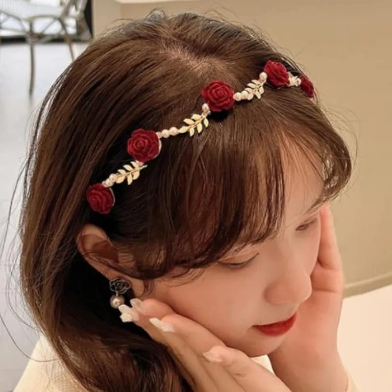 Picture of New Korean Crystal Flower Pearl Headband  Sweet Fashion Girl Thin Hair Band Hair Accessories - Red