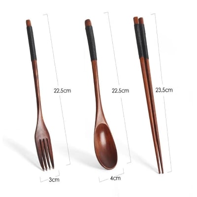Picture of 4 Pcs Three Tableware Set, Wrapped With Fiber, Wooden Spoons, Wooden Forks, Wooden Chopsticks, Cloth Bag, Convenient Set For Students - Multicolor