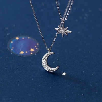 Picture of New Crystal  Stone Moon Star Round Necklace Chain for Women