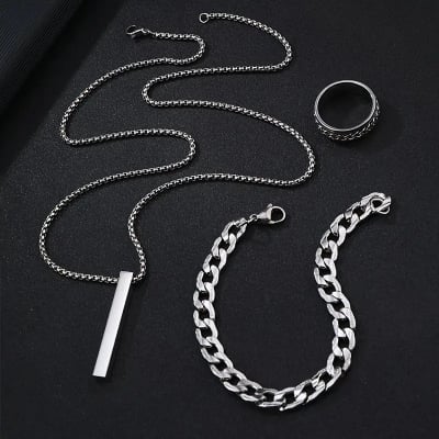 Picture of 3-Piece Mens Stainless Steel Glamour - Fashionable Pendant Necklace Bracelet & Ring Set for Men - Silver