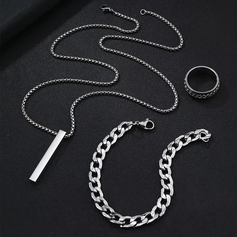 Picture of 3-Piece Mens Stainless Steel Glamour - Fashionable Pendant Necklace Bracelet & Ring Set for Men - Silver
