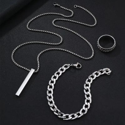 Picture of 3-Piece Mens Stainless Steel Glamour - Fashionable Pendant Necklace Bracelet & Ring Set for Men - Silver