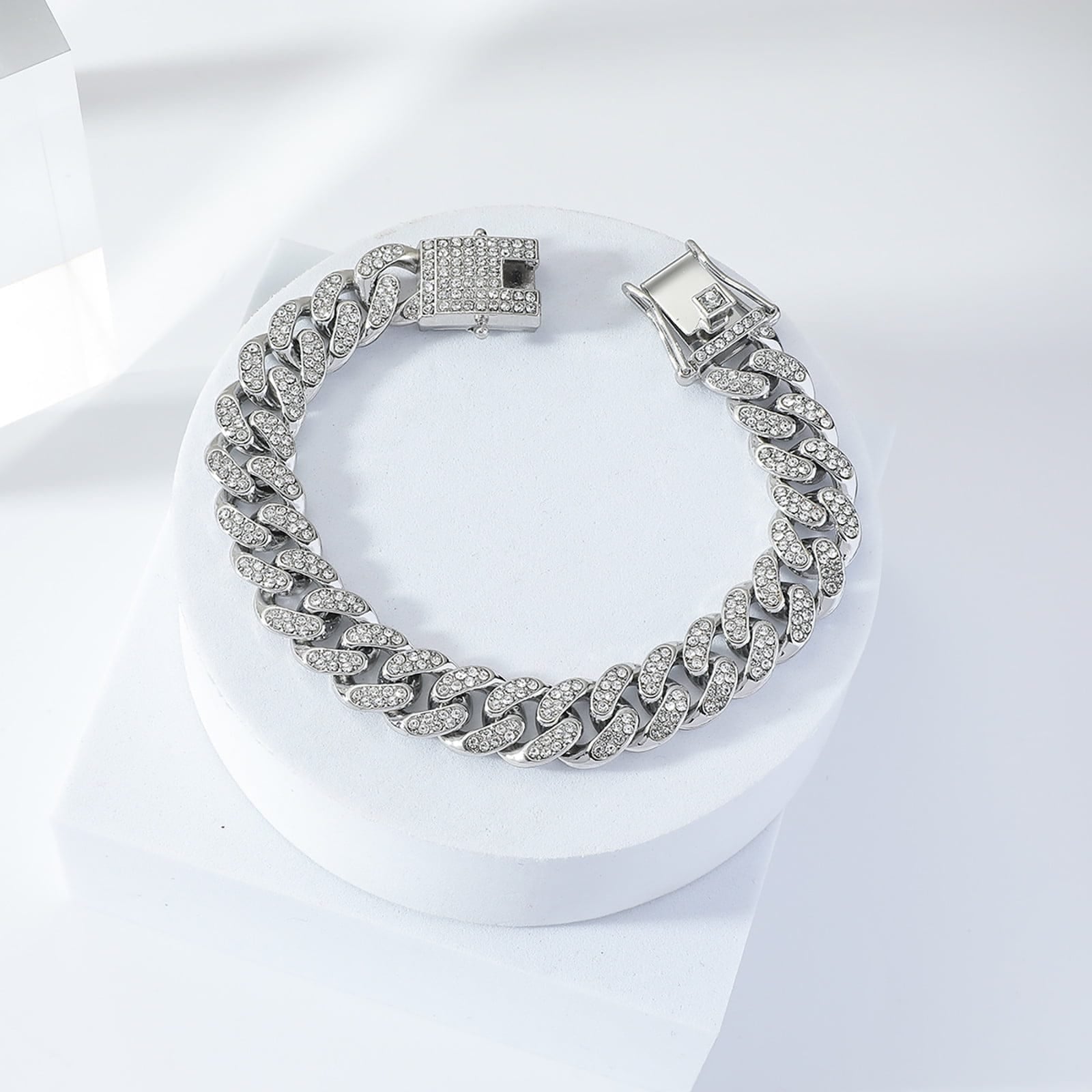 Picture of Miami Cuban Link Bracelet for Men Women Silver Plated Full Cubic Zirconia Iced Out Curb Bracelet Bling Link Bracelet Jewelry For Men - Silver