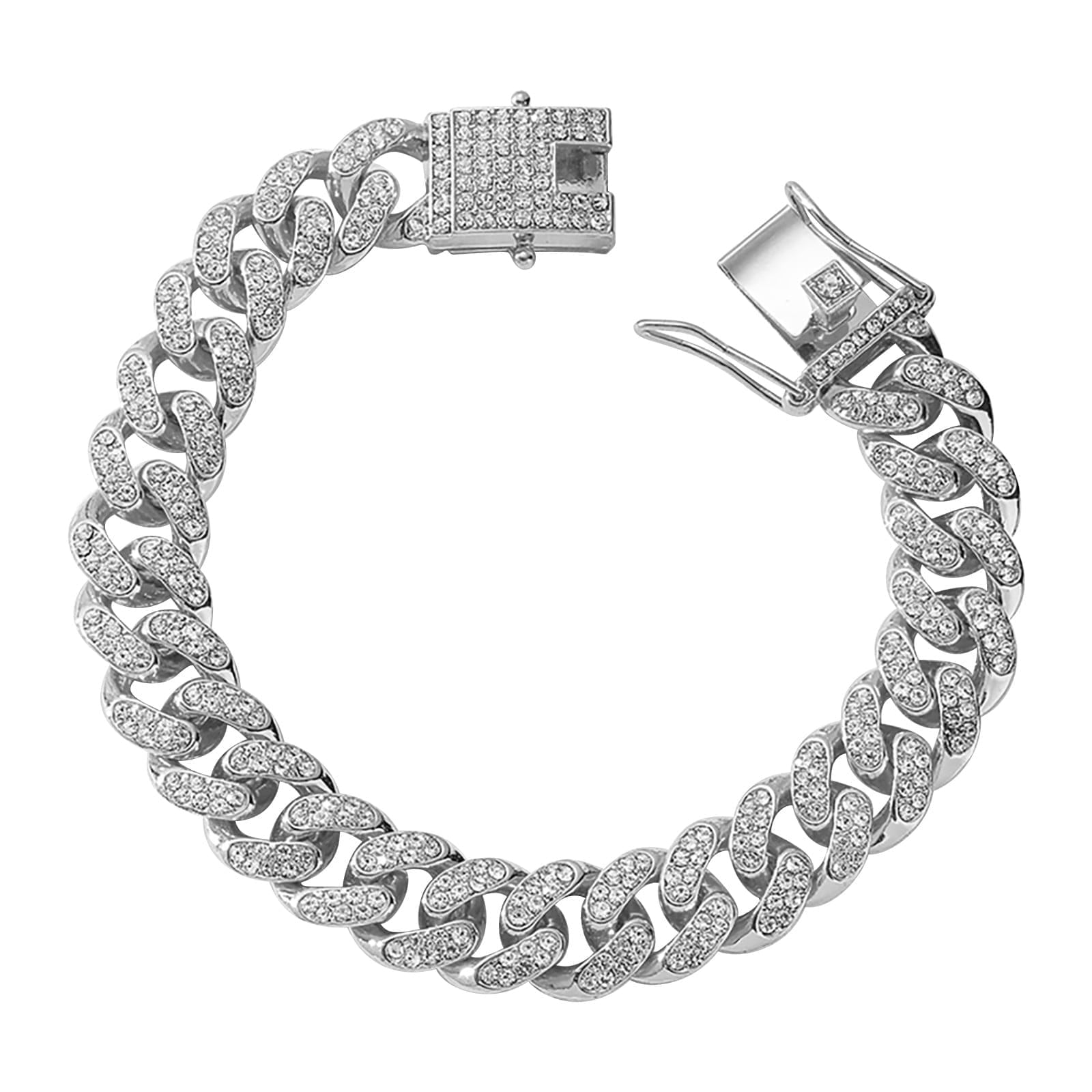 Picture of Miami Cuban Link Bracelet for Men Women Silver Plated Full Cubic Zirconia Iced Out Curb Bracelet Bling Link Bracelet Jewelry For Men - Silver