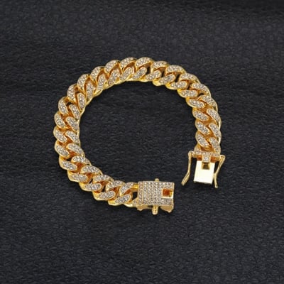 Picture of New style Men Cuban Link Chain Bracelet Shiny Rhinestone Inlaid Bangle Jewelry for Men - Gold