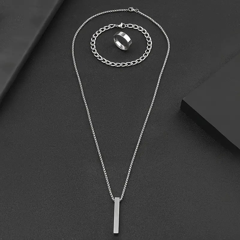 Picture of 3-Piece Mens Stainless Steel Glamour - Fashionable Pendant Necklace Bracelet & Ring Set for Men