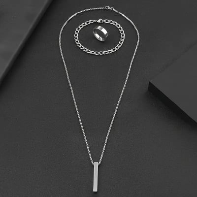 Picture of 3-Piece Mens Stainless Steel Glamour - Fashionable Pendant Necklace Bracelet & Ring Set for Men