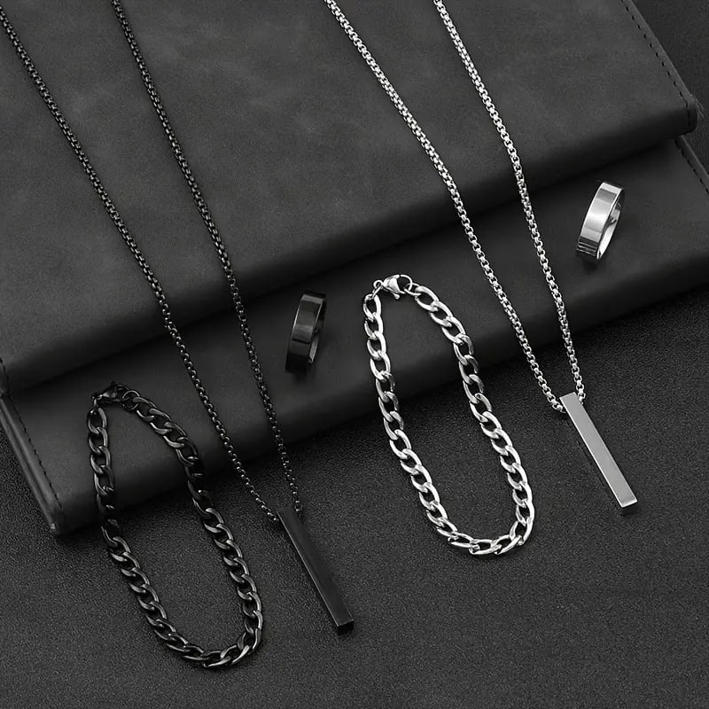 Picture of 3-Piece Mens Stainless Steel Glamour - Fashionable Pendant Necklace Bracelet & Ring Set for Men