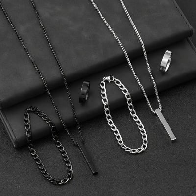 Picture of 3-Piece Mens Stainless Steel Glamour - Fashionable Pendant Necklace Bracelet & Ring Set for Men