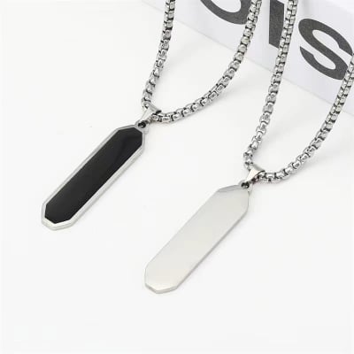 Picture of Geometric Men Cuban Chain Necklace - Stainless Steel Minimalist Square Pendant, Box Link Chain Layered Necklace for Teen Boy Women Jewelry Gifts - Silver