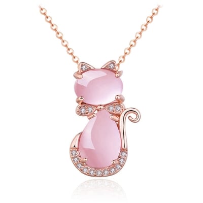 Picture of Cute  Stone Cat Pendant Necklaces Korean Fashion Accessories Vintage Sterling Necklace for Men Valentines Gift - Pink