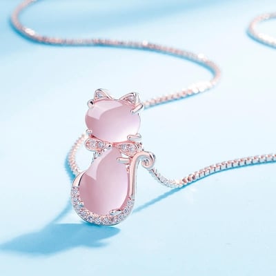 Picture of Cute  Stone Cat Pendant Necklaces Korean Fashion Accessories Vintage Sterling Necklace for Men Valentines Gift - Pink