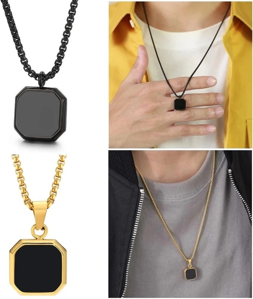 Picture of Square Pendant Necklace with Cuban Chain for Men Best Price in Men Jewerly - Gold