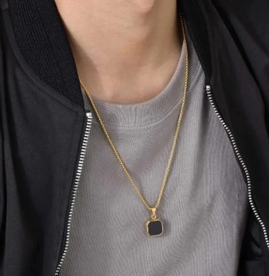 Picture of Square Pendant Necklace with Cuban Chain for Men Best Price in Men Jewerly - Gold