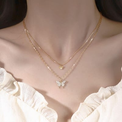 Picture of New Crystal Pendant Collar Chain Shiny Butterfly Necklace  For Women - Gold