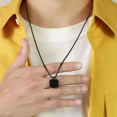 Picture of Square Natural Stone Stainless Steel Metal Chain For Men - Black