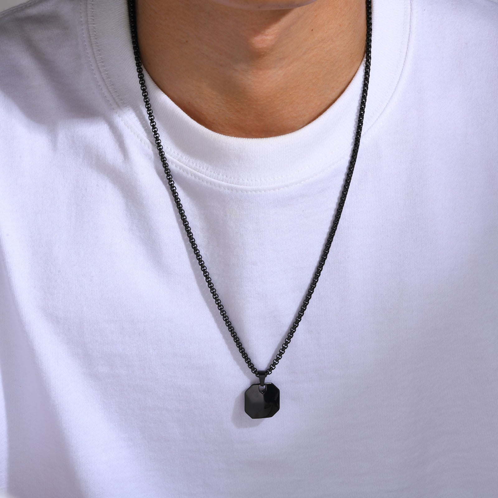 Picture of Square Natural Stone Stainless Steel Metal Chain For Men - Black