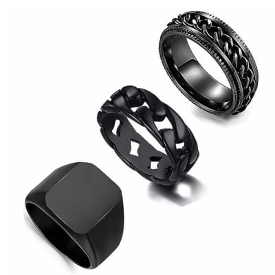 Picture of 3pcs Men's Stainless Steel Ring Wide Chain Rotatable Black Engagement Friendship Vintage Male Ring - Black - 18