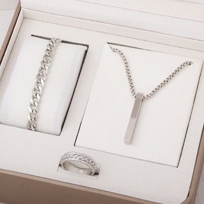 Picture of Stylish Bar Pendant Set, Necklaces Finger Ring Set for Men 3pcs Set - 21 CM
