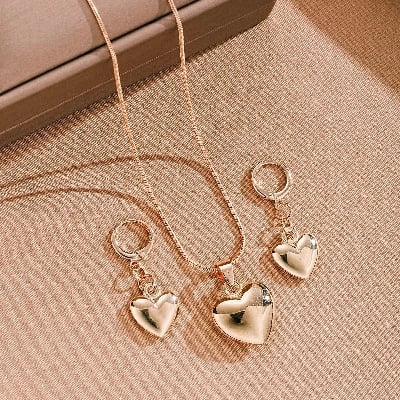 Picture of Fashion Golden Heart Pendant Earrings Necklace Bracelet Jewelry Set - Gold