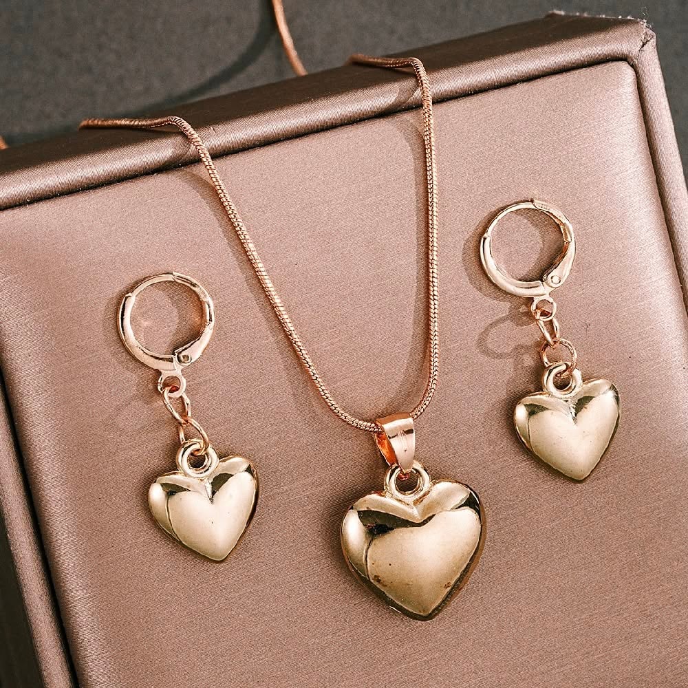 Picture of Fashion Golden Heart Pendant Earrings Necklace Bracelet Jewelry Set - Gold