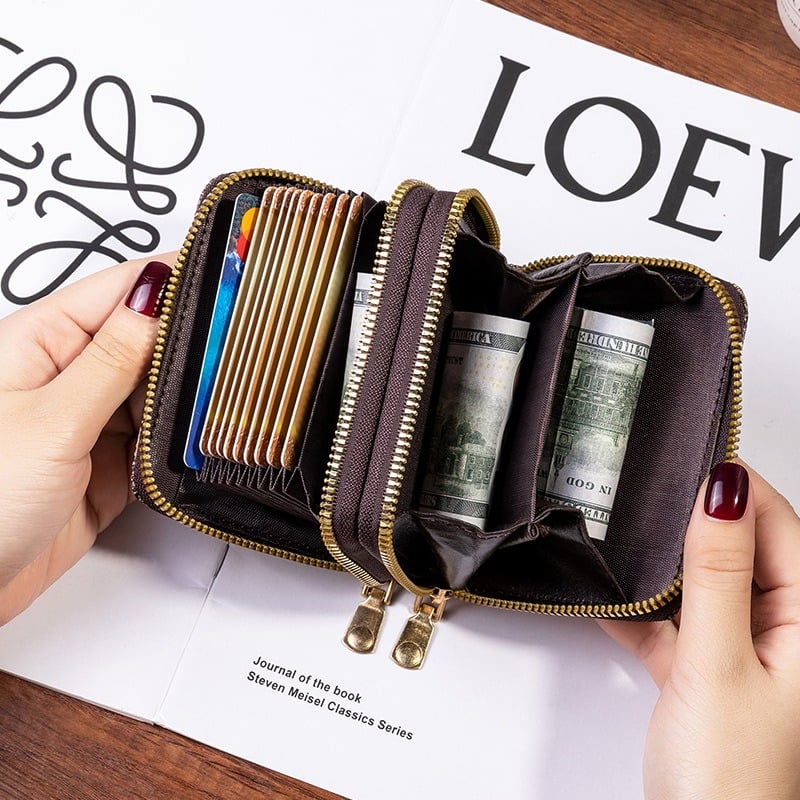 Picture of Multi Slot Card Holder Vintage Small Wallet Women Men Business Bank Credit Card Bag Male Coin Pouch Solid Leather Zipper Wallet - Brown