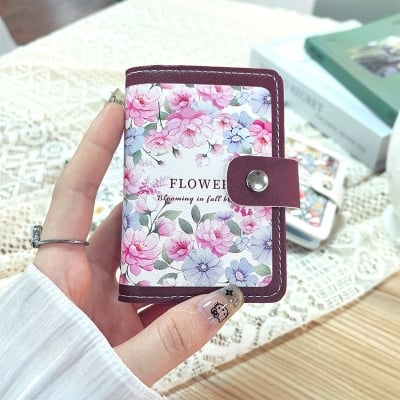 Picture of Portable Mini PU Leather Money Bag/Coin Purse with Hasp - Flowery - Pink