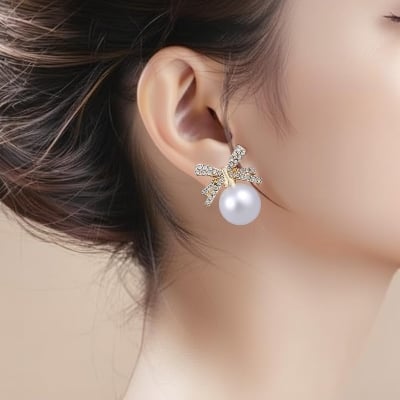 Picture of Classic Wedding Bridal Bow Pearl Earrings - High Quality