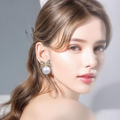 Picture of Classic Wedding Bridal Bow Pearl Earrings - High Quality