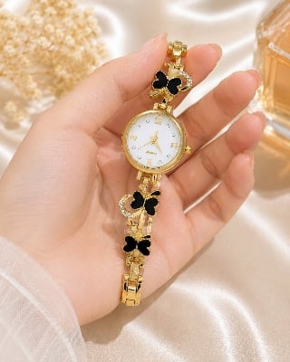 Picture of Elegant Gold White Dial Women Watch | Clover Charm Bracelet Design