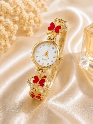 Picture of Elegant Gold White Dial Women Watch | Clover Charm Bracelet Design