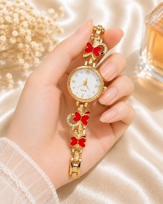 Picture of Elegant Gold White Dial Women Watch | Clover Charm Bracelet Design