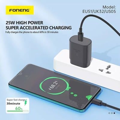 Picture of FONENG PD 25W GaN USB-C Wall Charger With Type-C Cable (EU51) Black