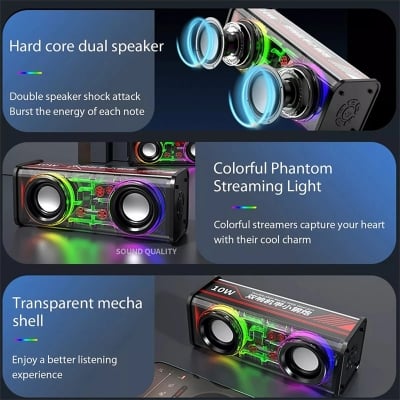 Picture of Bluetooth Speaker V8 Transparent Design Dual Speakers Colorful Lights 10W High Power Wireless Subwoofer