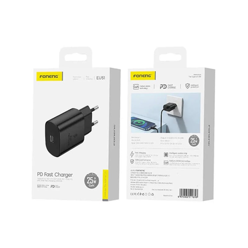 Picture of FONENG PD 25W GaN USB-C Wall Charger With Type-C Cable (EU51) Black