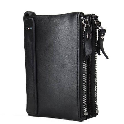 Picture of Black Double Zip Coin Leather Wallet - Black