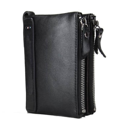 Picture of Black Double Zip Coin Leather Wallet - Black